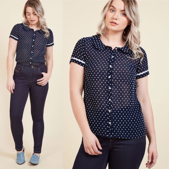Modcloth Tops - ModCloth Sheer Navy Darling in Dots Button Up Top